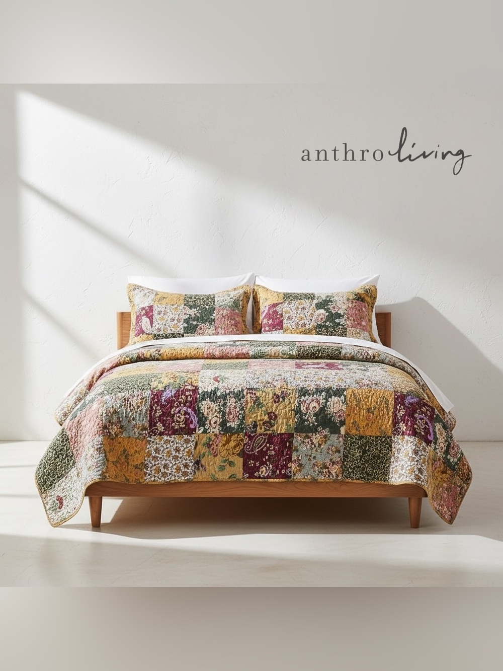 NEW Anthro Cotton Floral Reversible Patchwork Queen King Bedding Quilt Sham Set - Picture 3 of 15